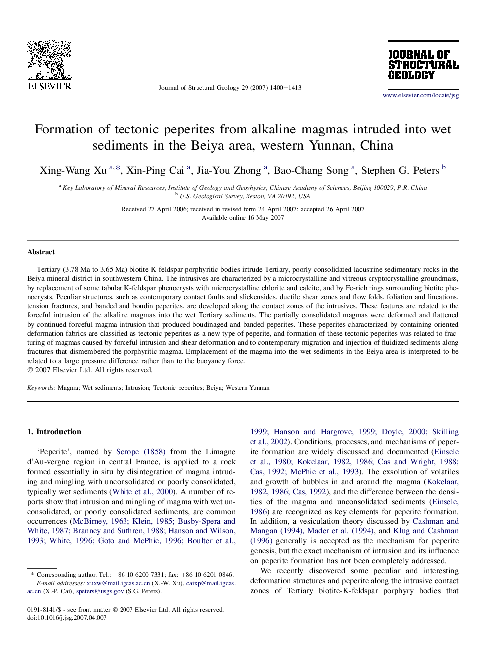 Formation of tectonic peperites from alkaline magmas intruded into wet sediments in the Beiya area, western Yunnan, China