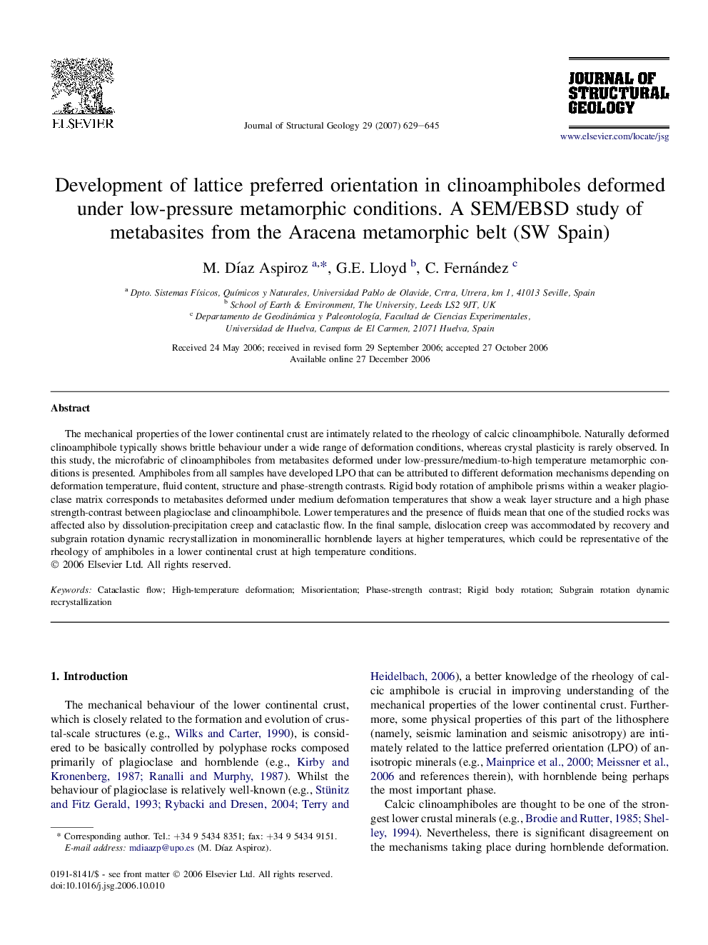 Development of lattice preferred orientation in clinoamphiboles deformed under low-pressure metamorphic conditions. A SEM/EBSD study of metabasites from the Aracena metamorphic belt (SW Spain)