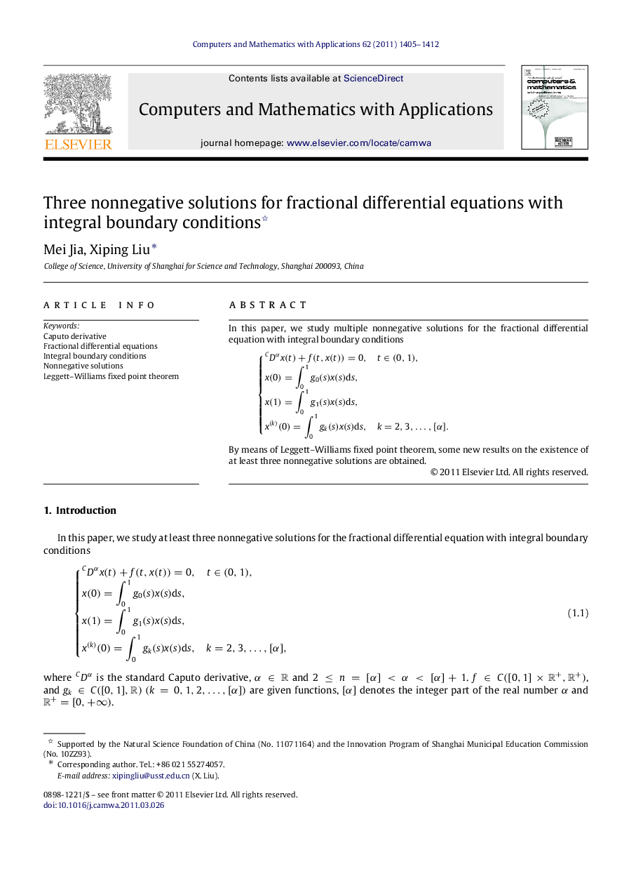 Three nonnegative solutions for fractional differential equations with integral boundary conditions 