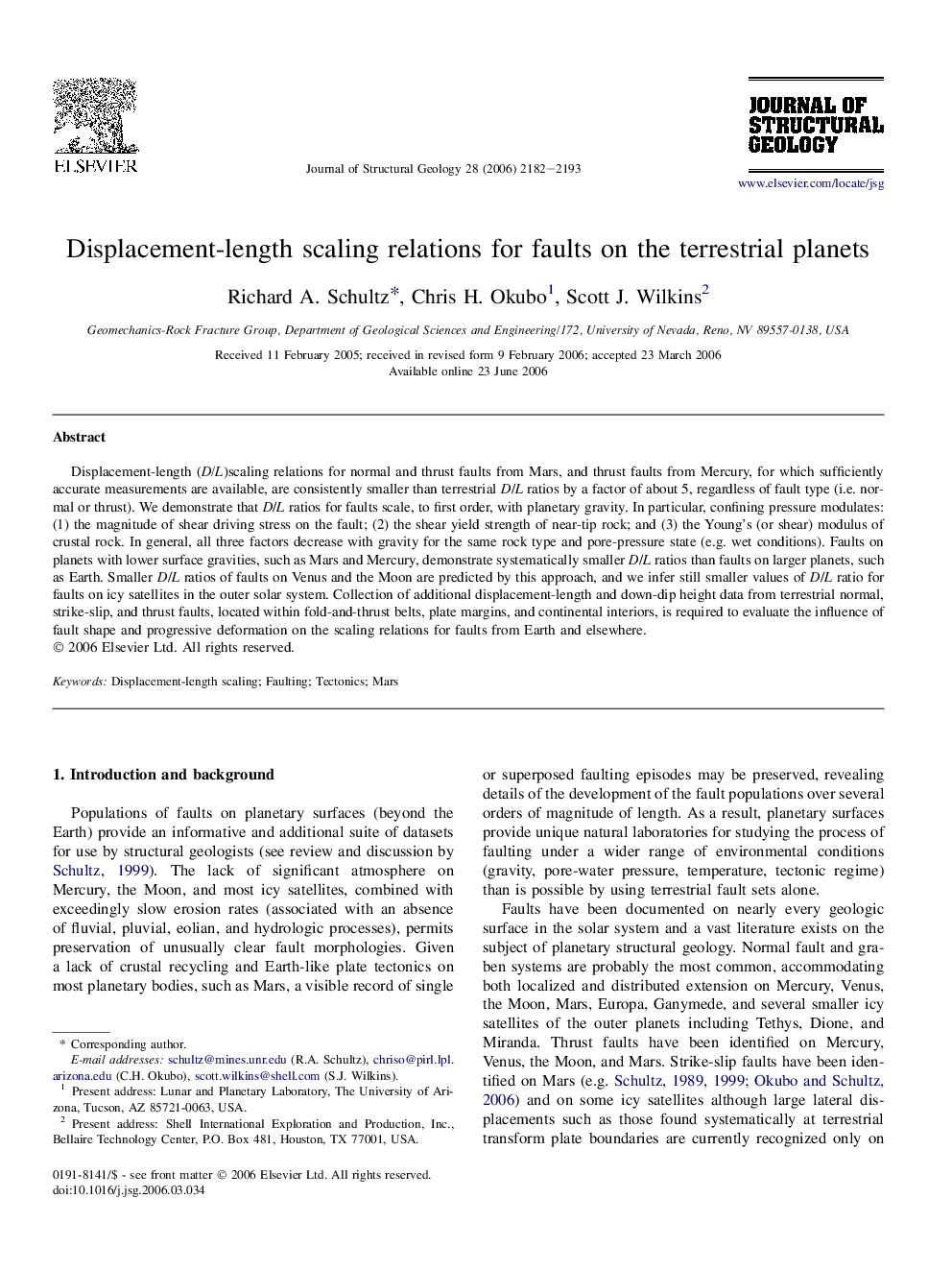 Displacement-length scaling relations for faults on the terrestrial planets