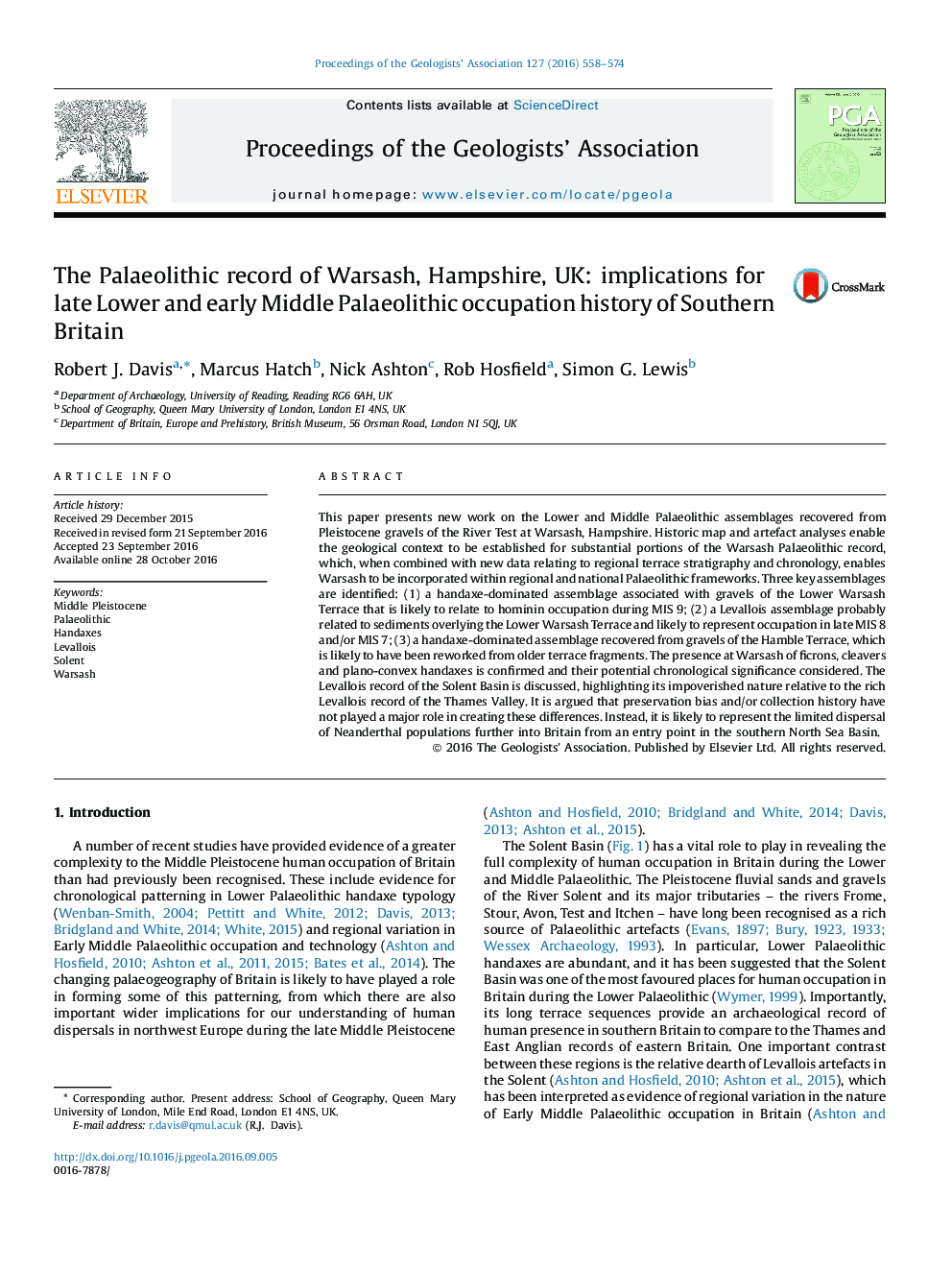 The Palaeolithic record of Warsash, Hampshire, UK: implications for late Lower and early Middle Palaeolithic occupation history of Southern Britain