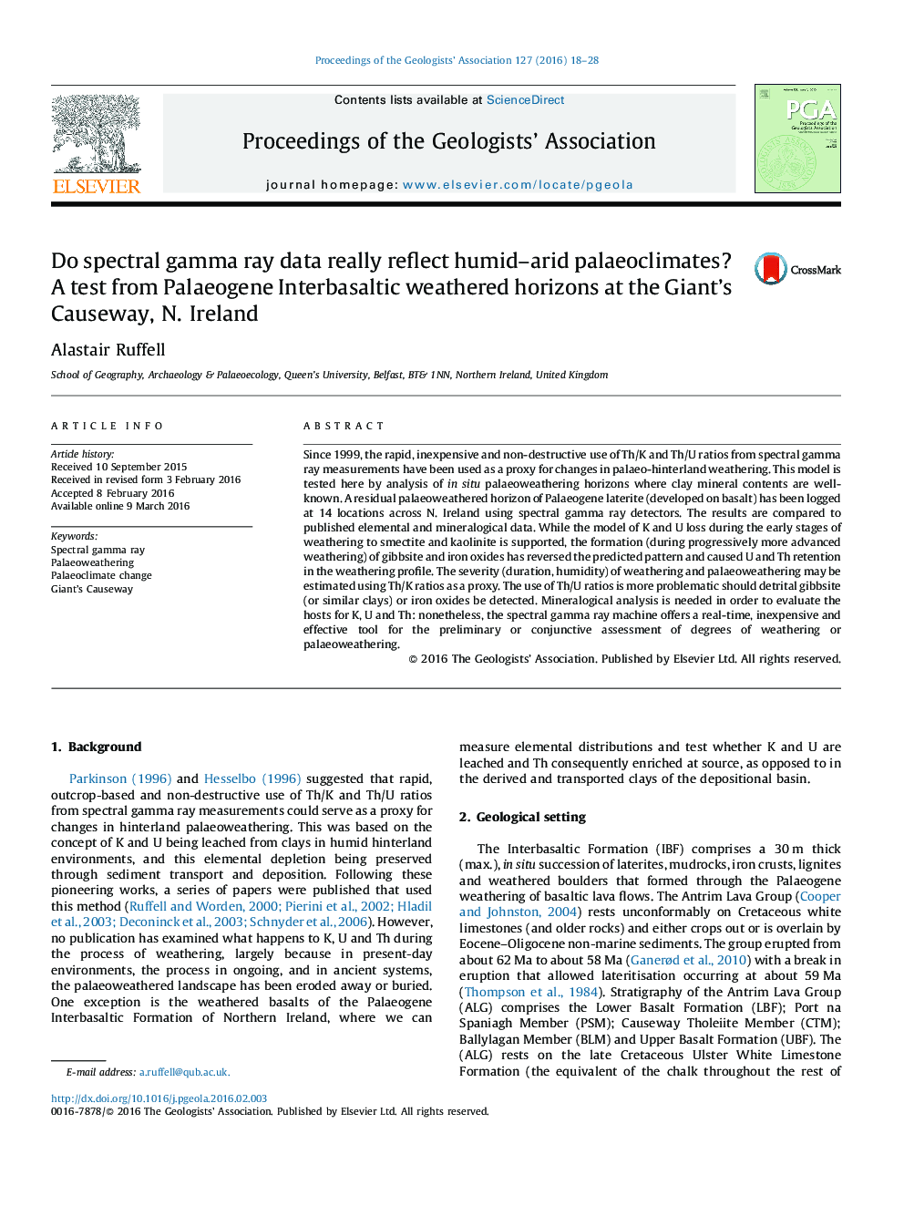 Do spectral gamma ray data really reflect humid–arid palaeoclimates? A test from Palaeogene Interbasaltic weathered horizons at the Giant's Causeway, N. Ireland