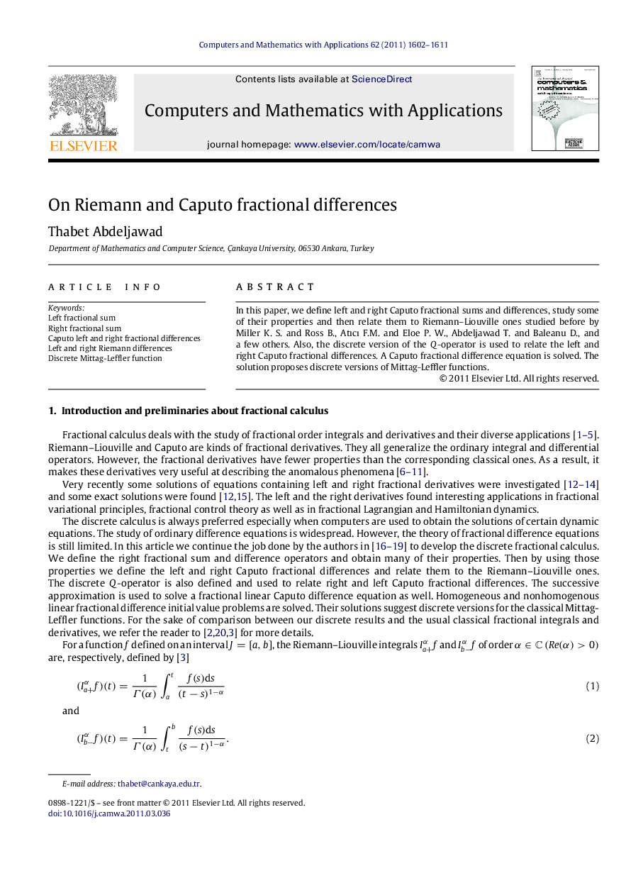 عکس صفحه اول مقاله: On Riemann and Caputo fractional differences On Riemann and Caputo fractional differences