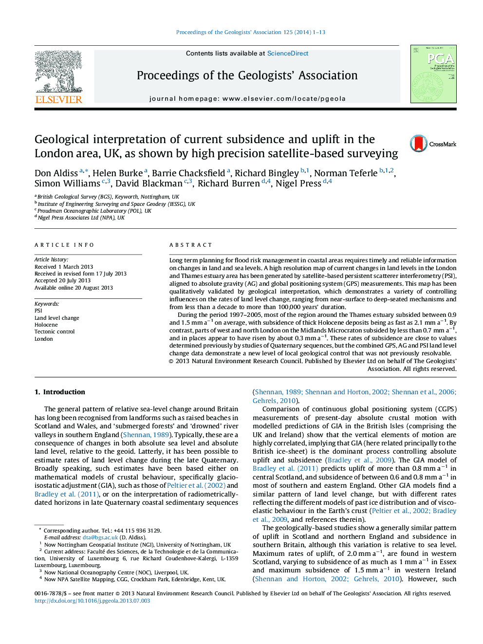 Geological interpretation of current subsidence and uplift in the London area, UK, as shown by high precision satellite-based surveying