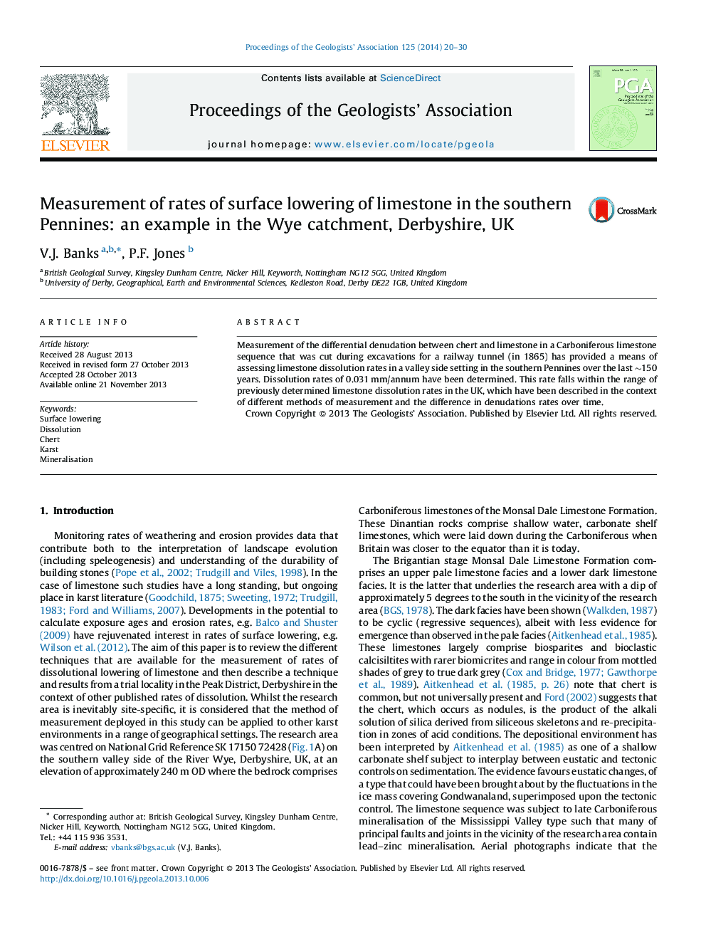 Measurement of rates of surface lowering of limestone in the southern Pennines: an example in the Wye catchment, Derbyshire, UK