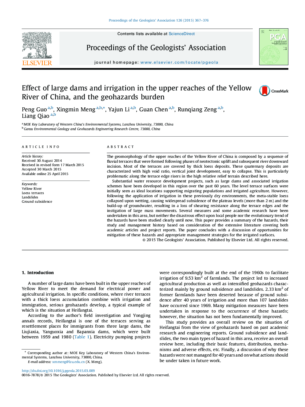 Effect of large dams and irrigation in the upper reaches of the Yellow River of China, and the geohazards burden