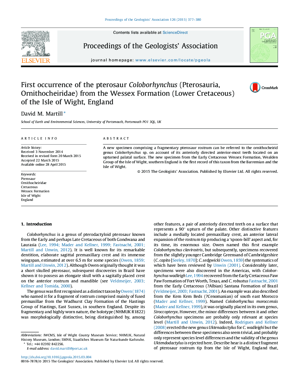 First occurrence of the pterosaur Coloborhynchus (Pterosauria, Ornithocheiridae) from the Wessex Formation (Lower Cretaceous) of the Isle of Wight, England