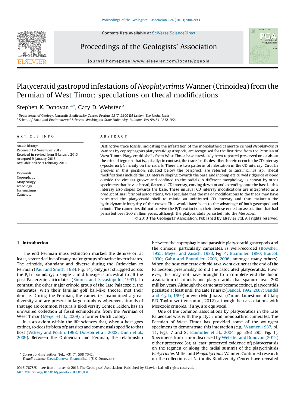 Platyceratid gastropod infestations of Neoplatycrinus Wanner (Crinoidea) from the Permian of West Timor: speculations on thecal modifications