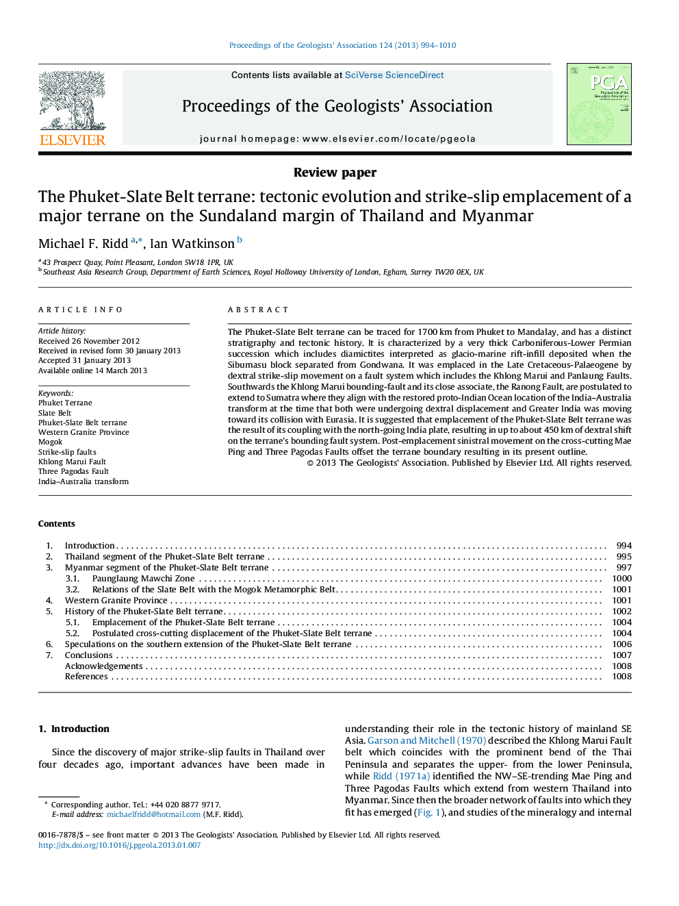 The Phuket-Slate Belt terrane: tectonic evolution and strike-slip emplacement of a major terrane on the Sundaland margin of Thailand and Myanmar