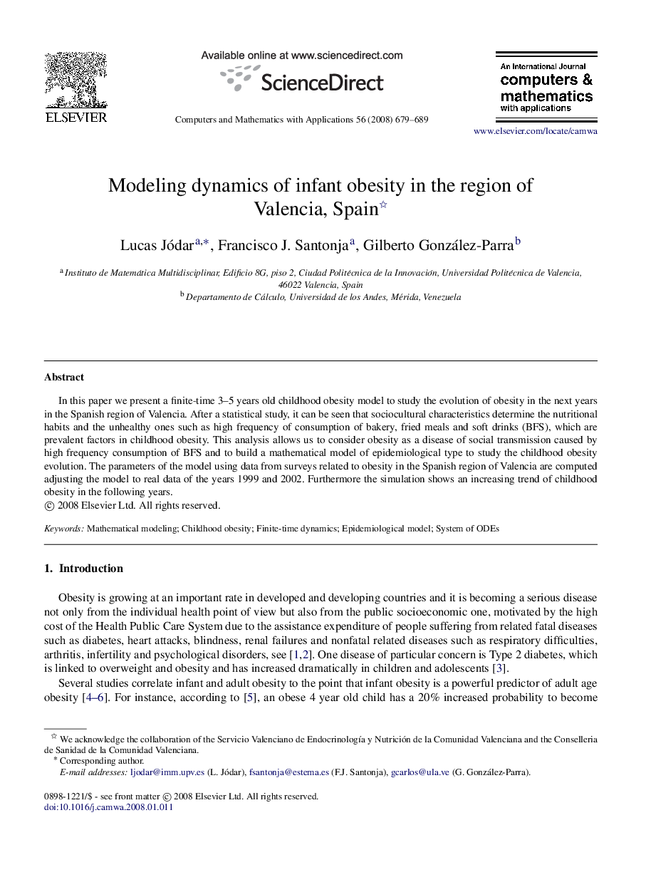 عکس صفحه اول مقاله: Modeling dynamics of infant obesity in the region of Valencia, Spain Modeling dynamics of infant obesity in the region of Valencia, Spain
