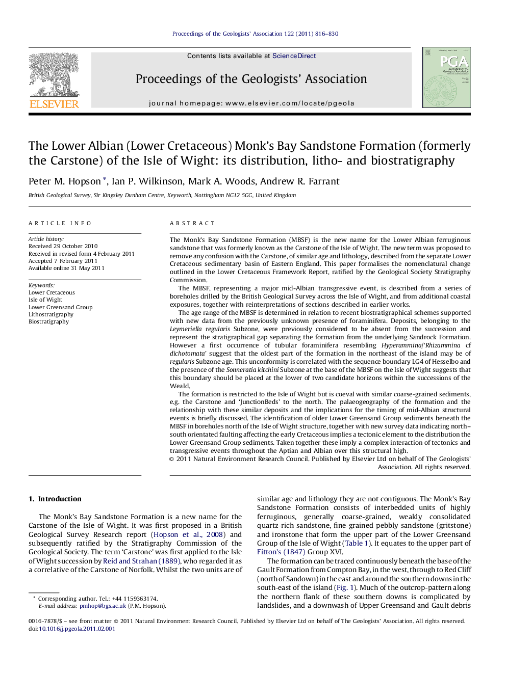 The Lower Albian (Lower Cretaceous) Monk's Bay Sandstone Formation (formerly the Carstone) of the Isle of Wight: Its distribution, litho- and biostratigraphy