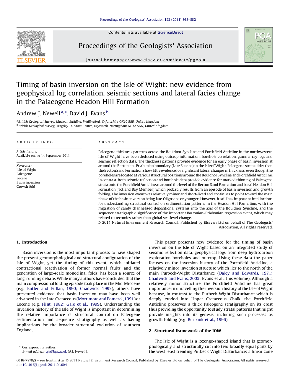 Timing of basin inversion on the Isle of Wight: New evidence from geophysical log correlation, seismic sections and lateral facies change in the Palaeogene Headon Hill Formation