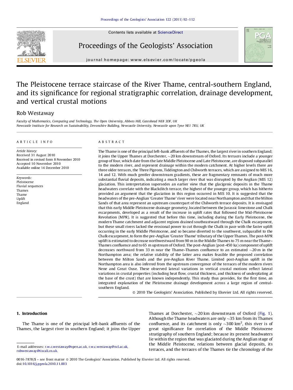 The Pleistocene terrace staircase of the River Thame, central-southern England, and its significance for regional stratigraphic correlation, drainage development, and vertical crustal motions