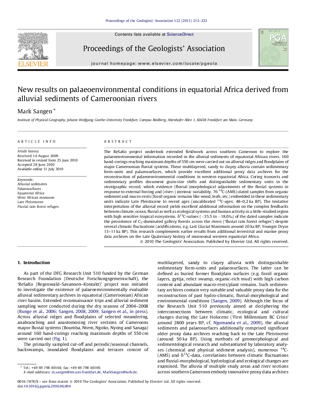 New results on palaeoenvironmental conditions in equatorial Africa derived from alluvial sediments of Cameroonian rivers