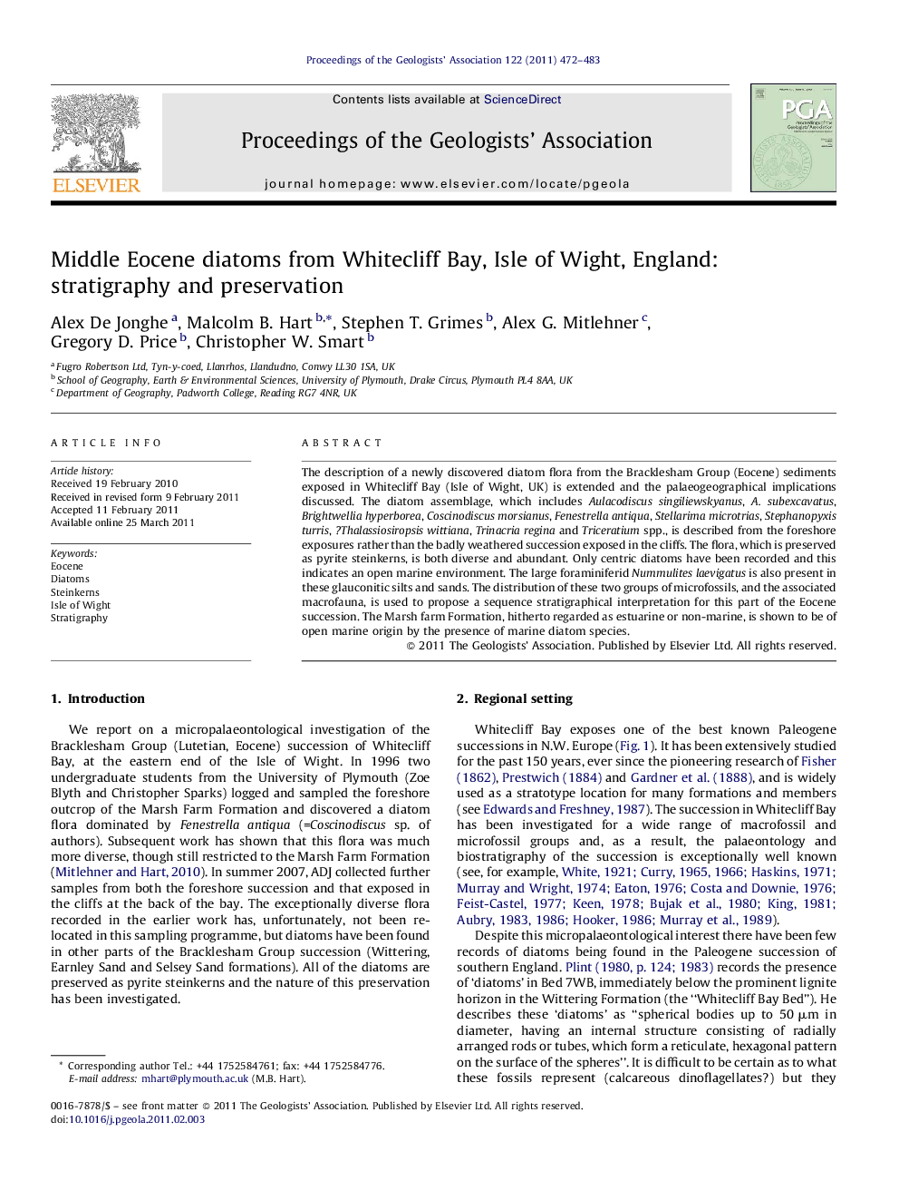 Middle Eocene diatoms from Whitecliff Bay, Isle of Wight, England: stratigraphy and preservation