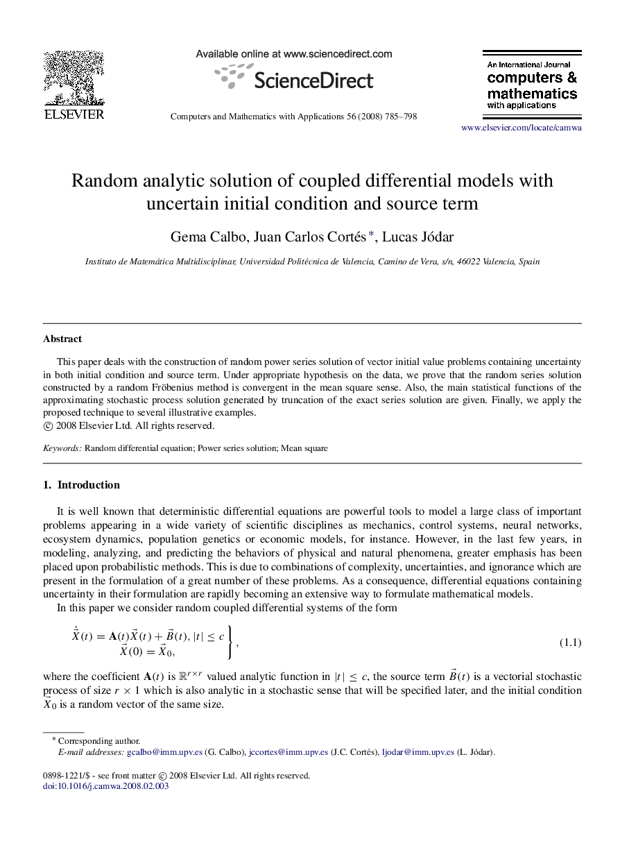 Random analytic solution of coupled differential models with uncertain initial condition and source term