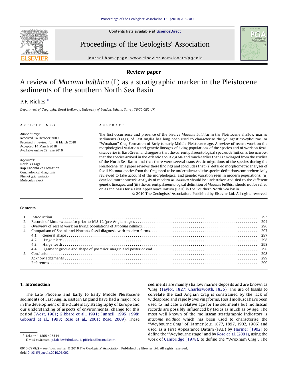 A review of Macoma balthica (L) as a stratigraphic marker in the Pleistocene sediments of the southern North Sea Basin