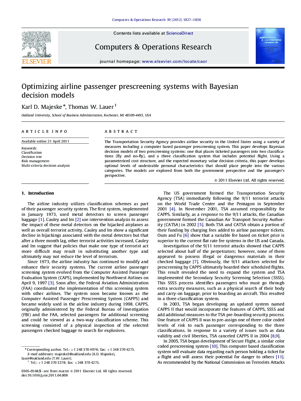 Optimizing airline passenger prescreening systems with Bayesian decision models