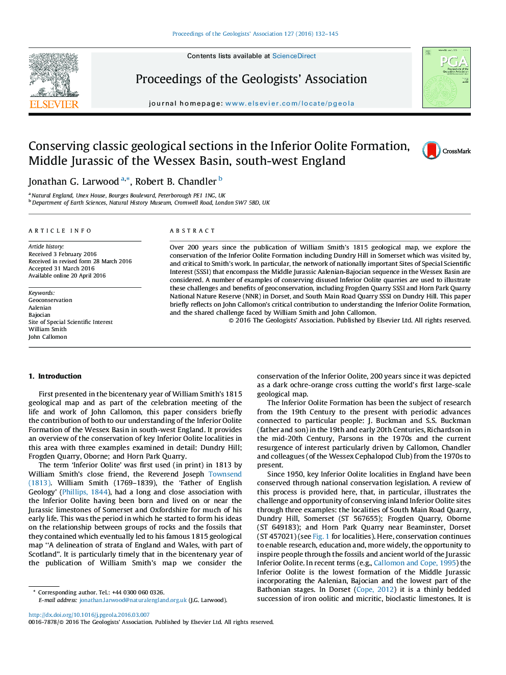 Conserving classic geological sections in the Inferior Oolite Formation, Middle Jurassic of the Wessex Basin, south-west England