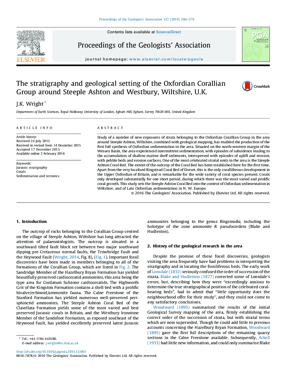 The stratigraphy and geological setting of the Oxfordian Corallian Group around Steeple Ashton and Westbury, Wiltshire, U.K.