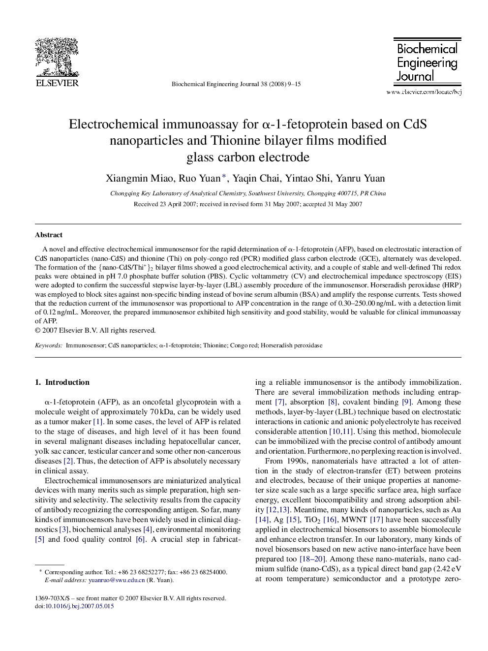 Electrochemical immunoassay for α-1-fetoprotein based on CdS nanoparticles and Thionine bilayer films modified glass carbon electrode