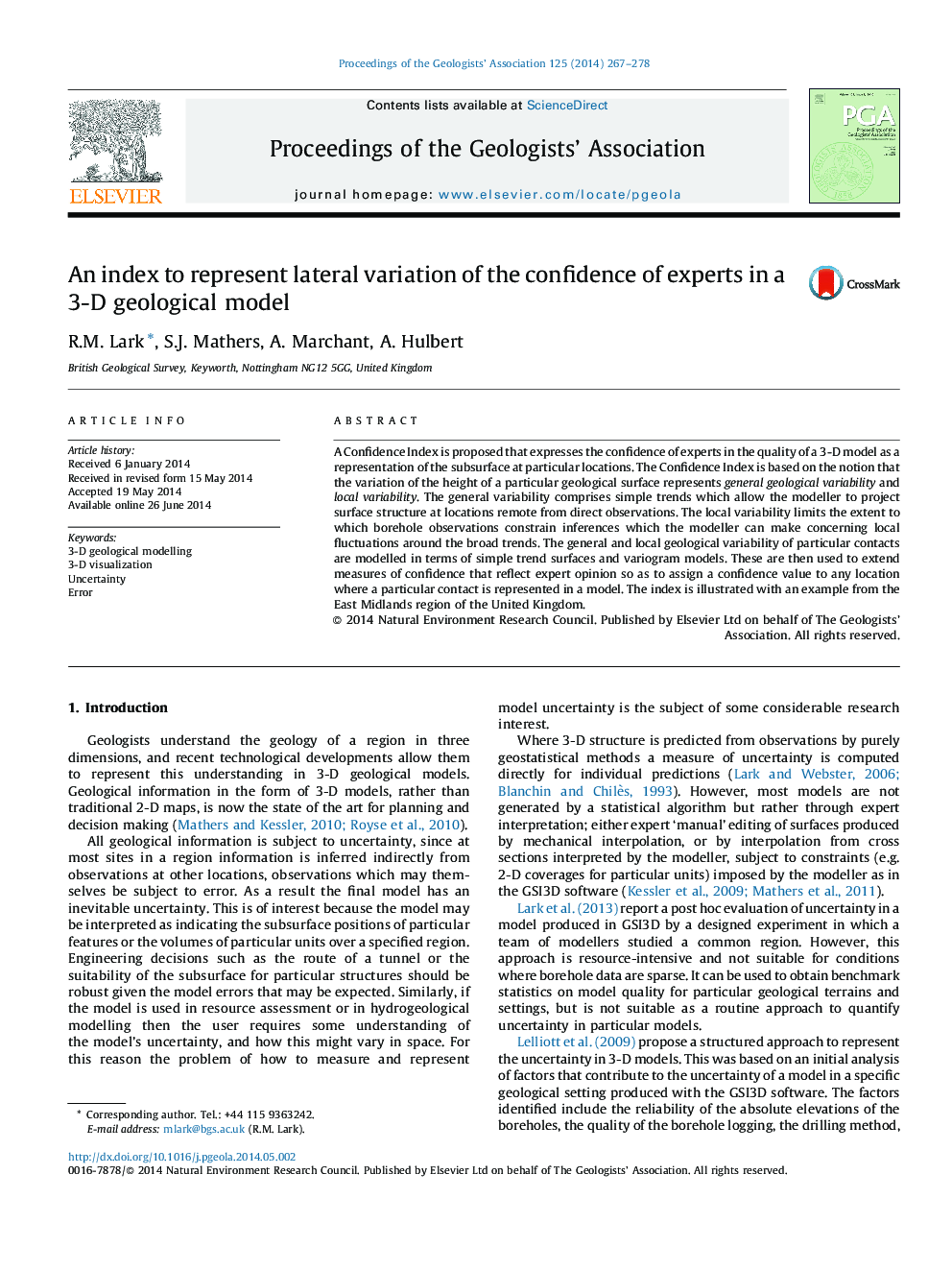 An index to represent lateral variation of the confidence of experts in a 3-D geological model