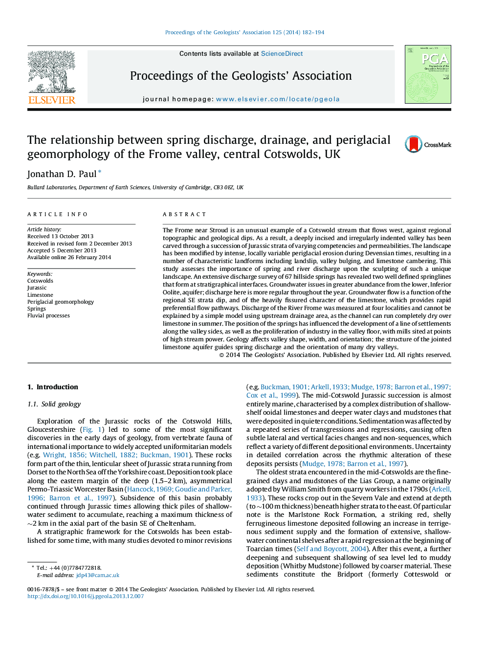 The relationship between spring discharge, drainage, and periglacial geomorphology of the Frome valley, central Cotswolds, UK