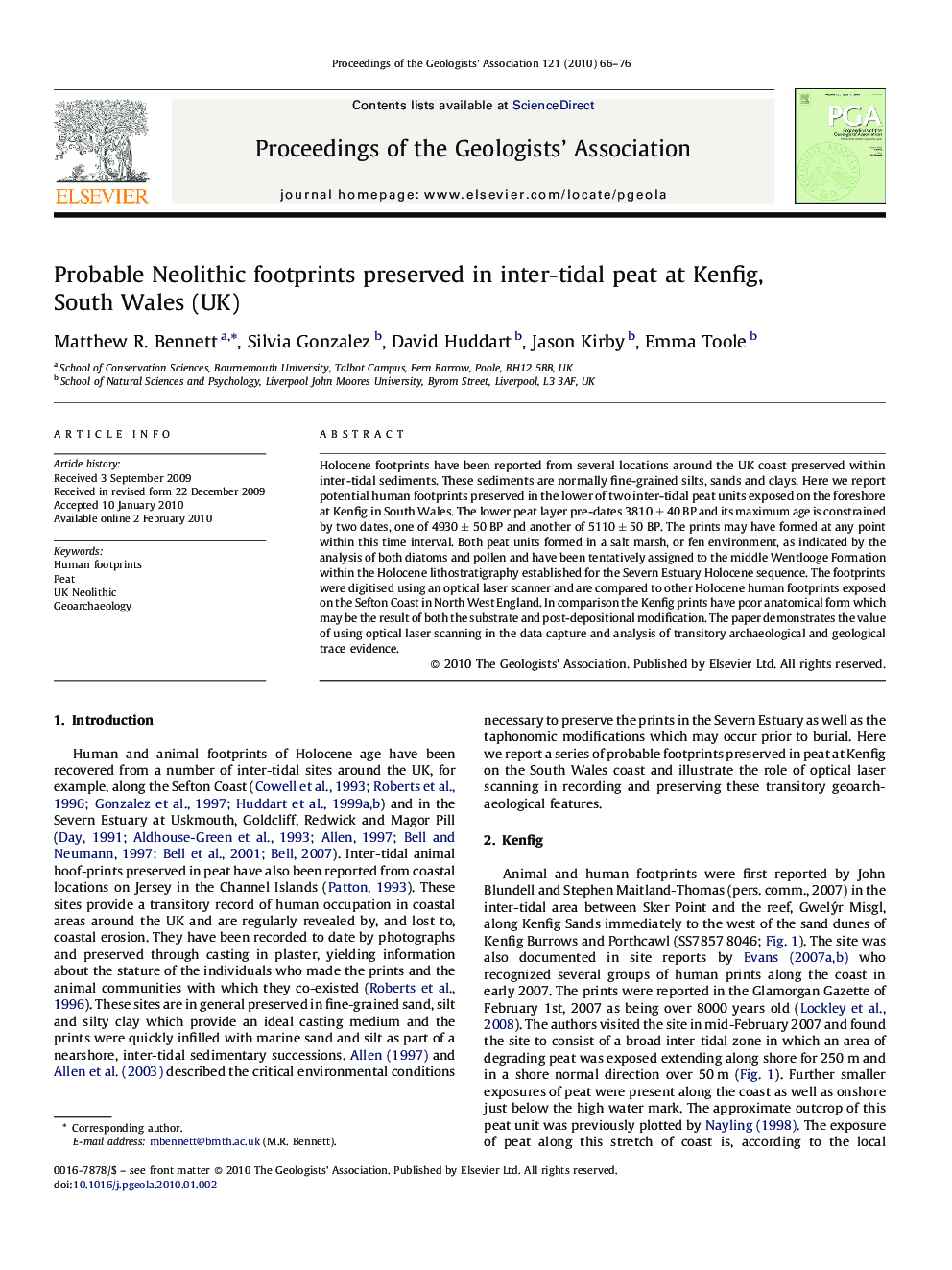 Probable Neolithic footprints preserved in inter-tidal peat at Kenfig, South Wales (UK)