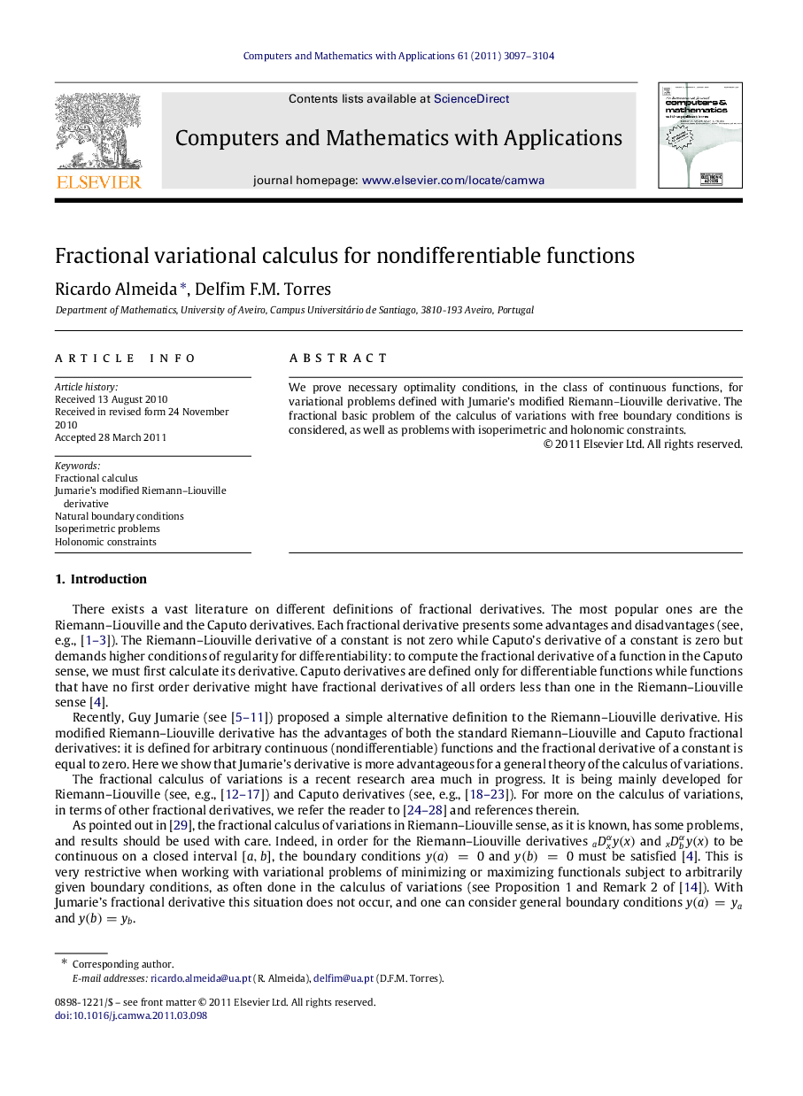 Fractional variational calculus for nondifferentiable functions