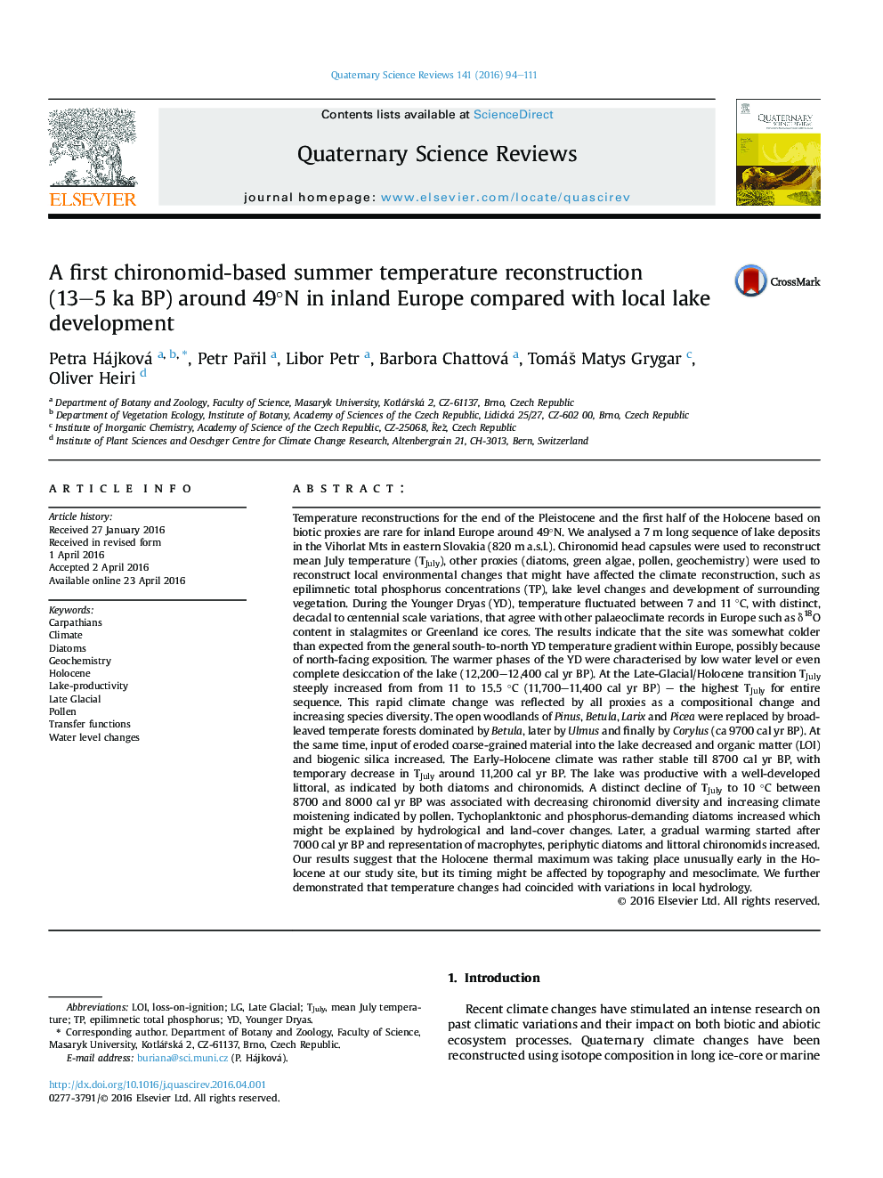 A first chironomid-based summer temperature reconstruction (13–5 ka BP) around 49°N in inland Europe compared with local lake development