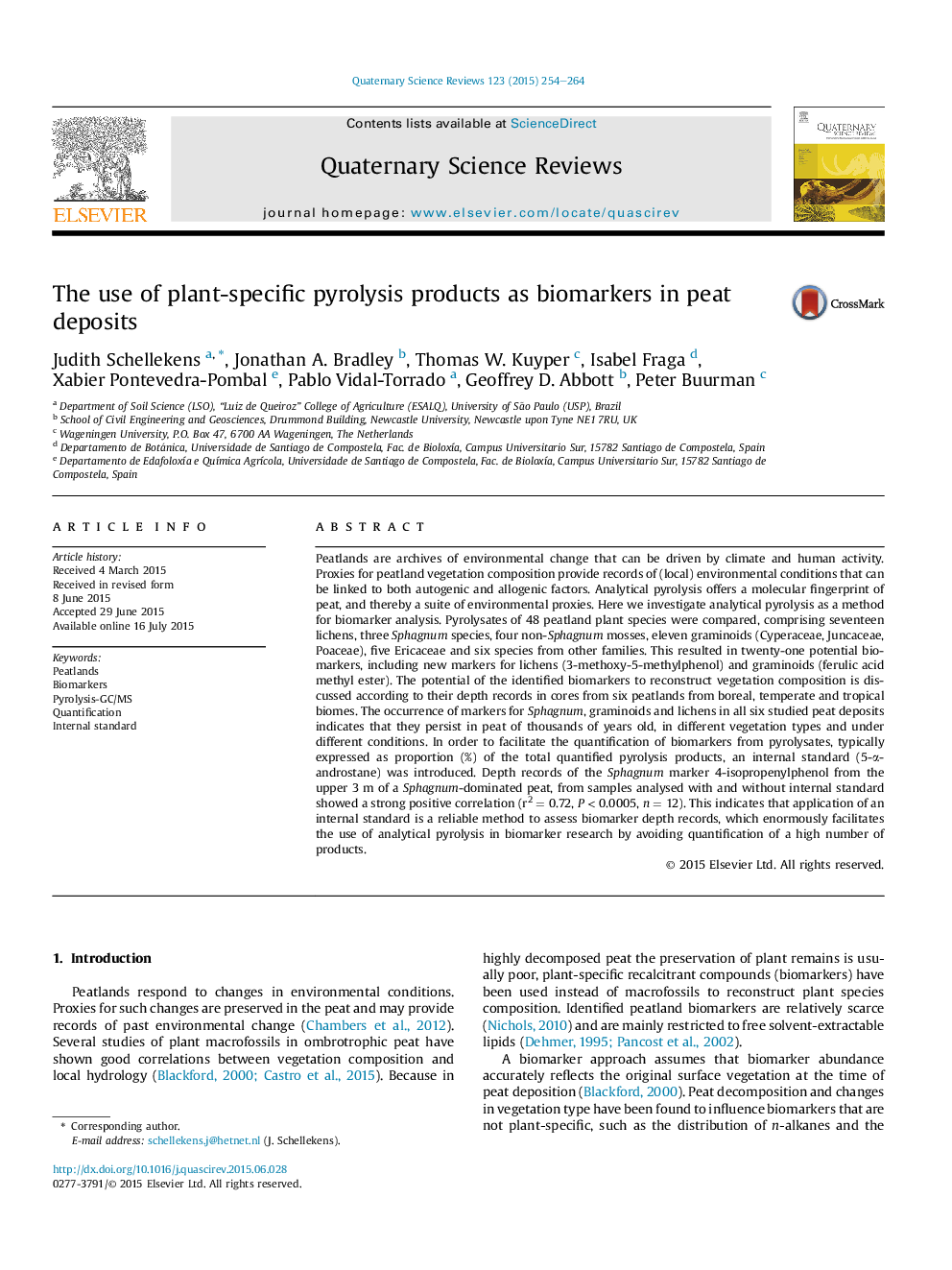 The use of plant-specific pyrolysis products as biomarkers in peat deposits