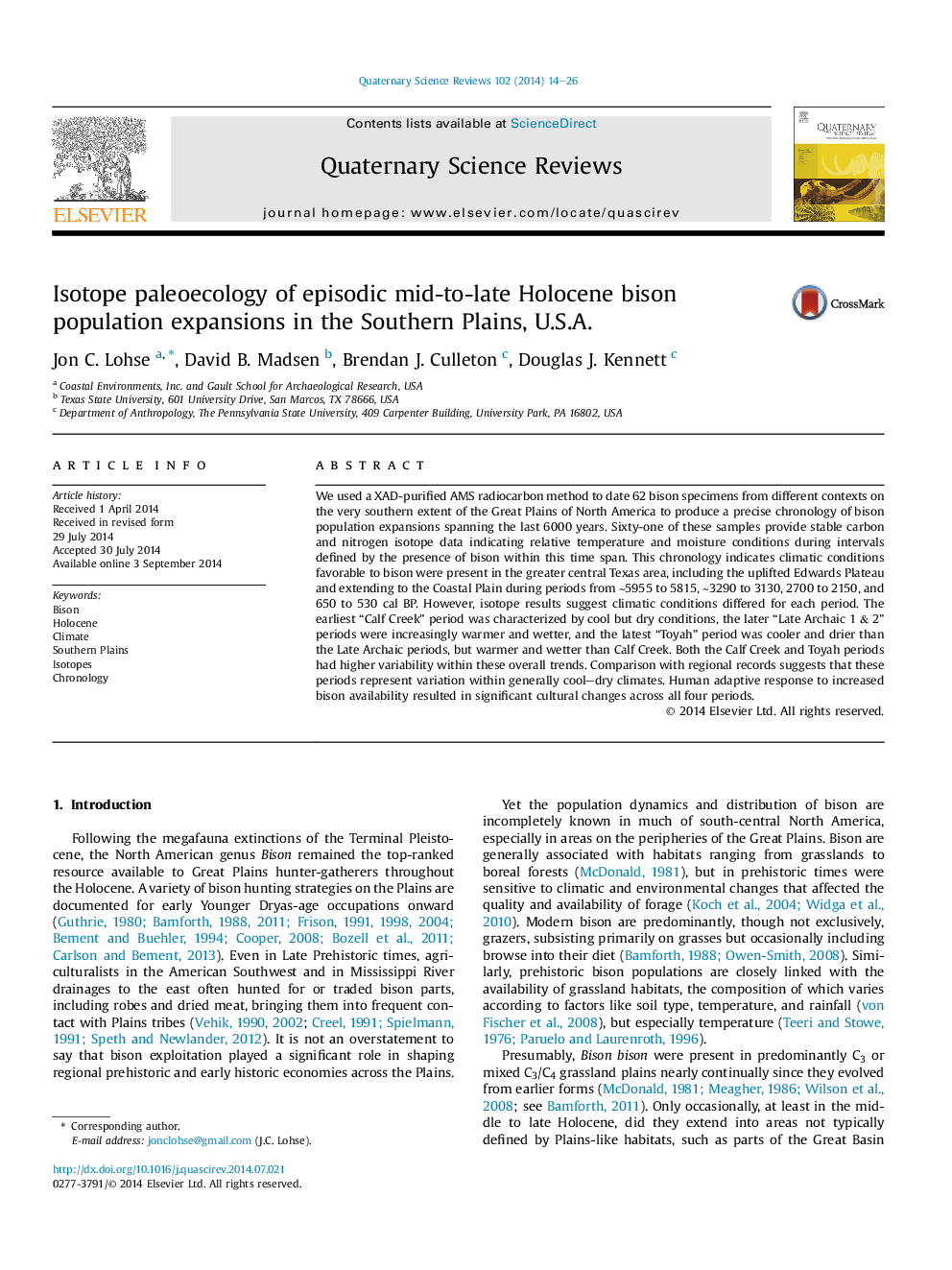 Isotope paleoecology of episodic mid-to-late Holocene bison population expansions in the Southern Plains, U.S.A.