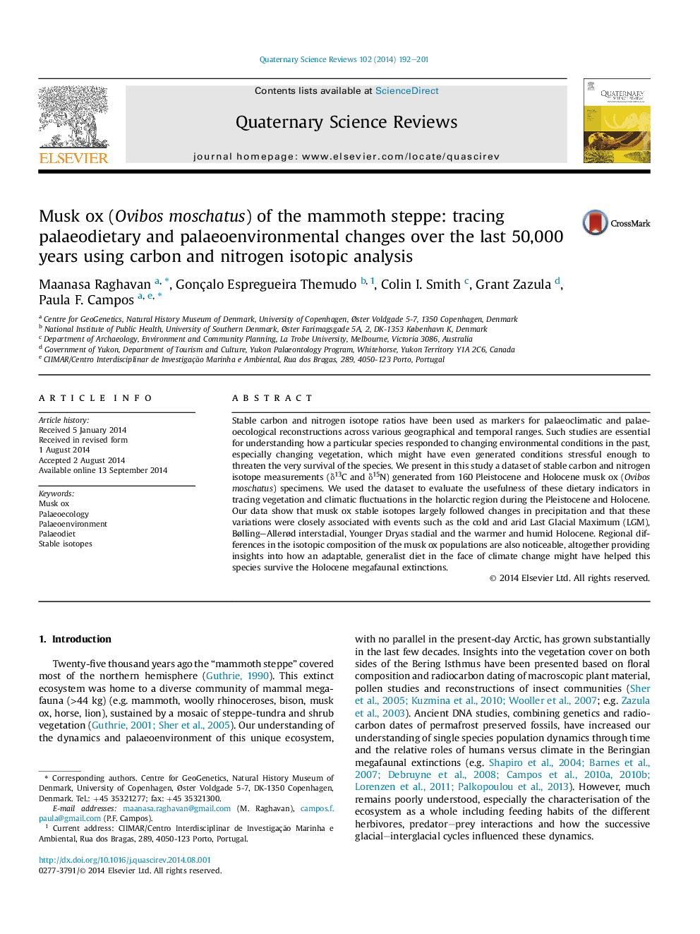 Musk ox (Ovibos moschatus) of the mammoth steppe: tracing palaeodietary and palaeoenvironmental changes over the last 50,000 years using carbon and nitrogen isotopic analysis