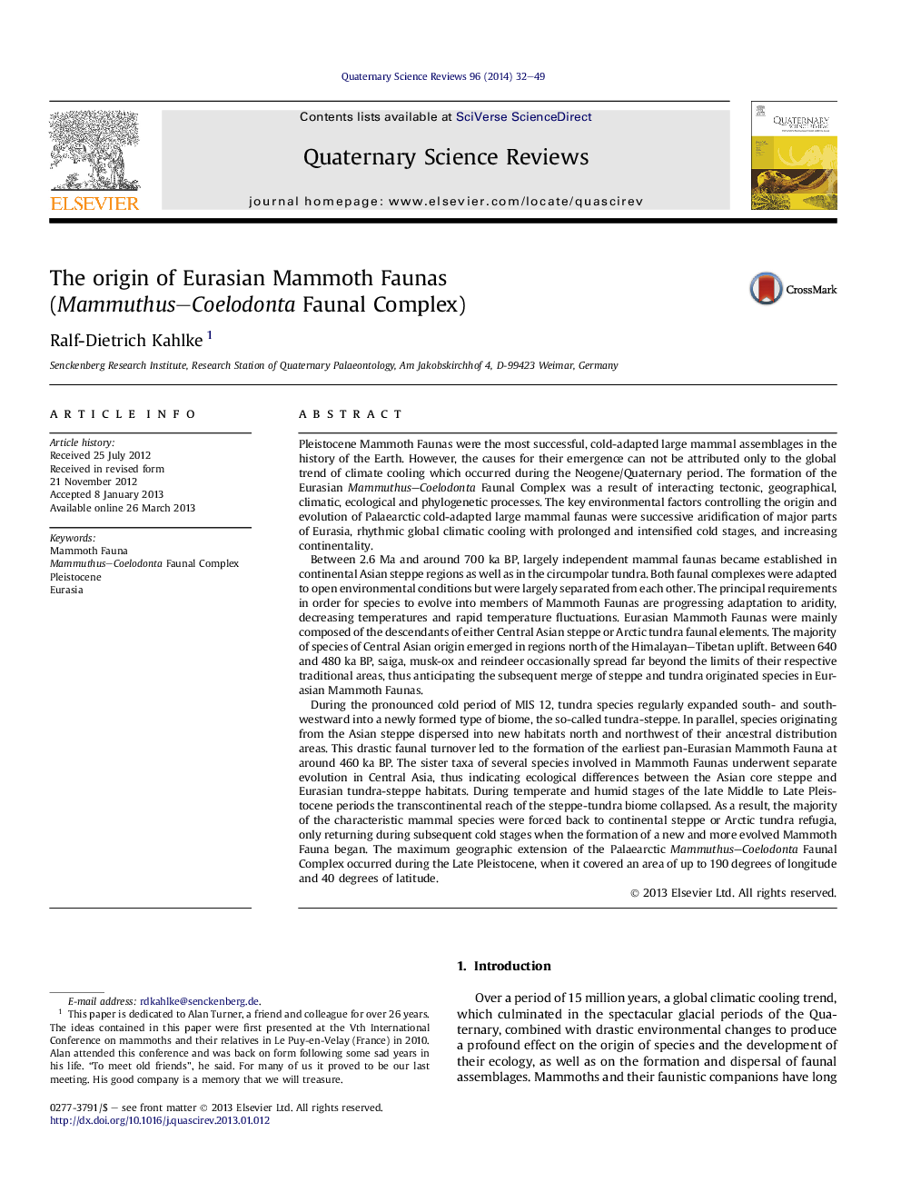 The origin of Eurasian Mammoth Faunas (Mammuthus–Coelodonta Faunal Complex)