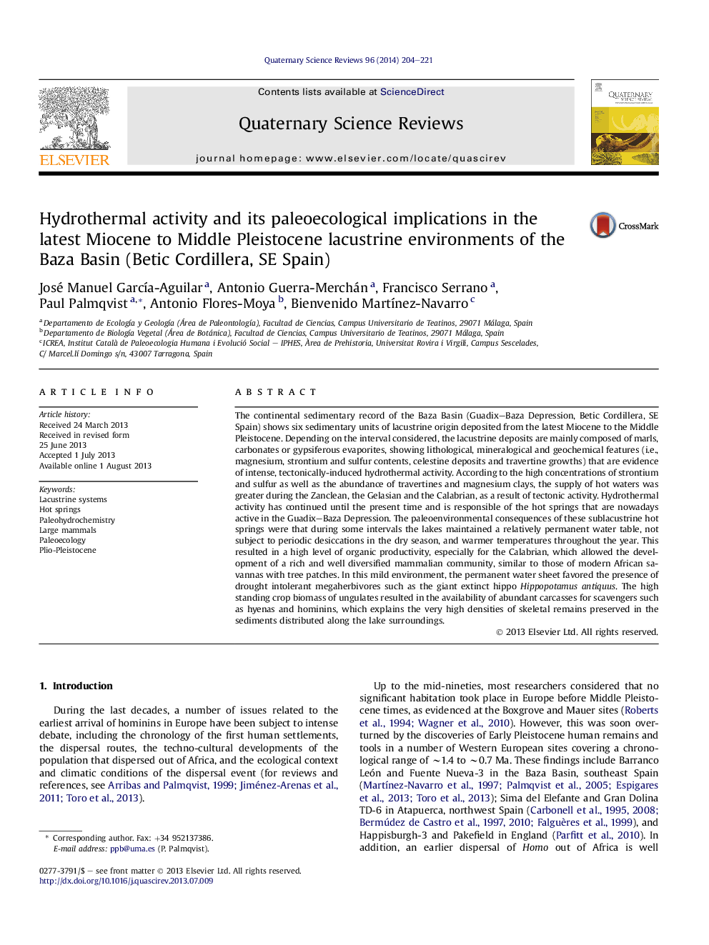 Hydrothermal activity and its paleoecological implications in the latest Miocene to Middle Pleistocene lacustrine environments of the Baza Basin (Betic Cordillera, SE Spain)