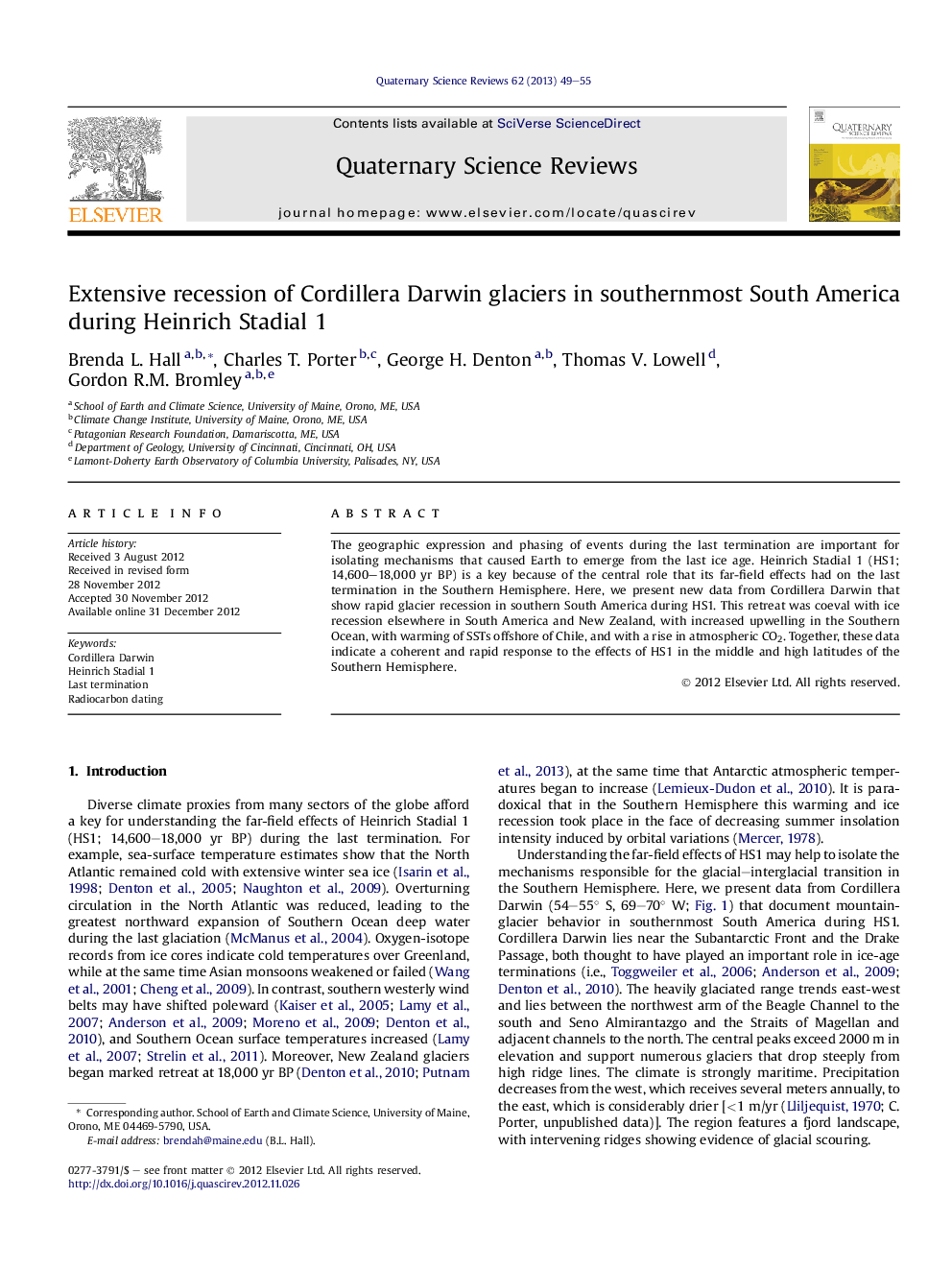 Extensive recession of Cordillera Darwin glaciers in southernmost South America during Heinrich Stadial 1