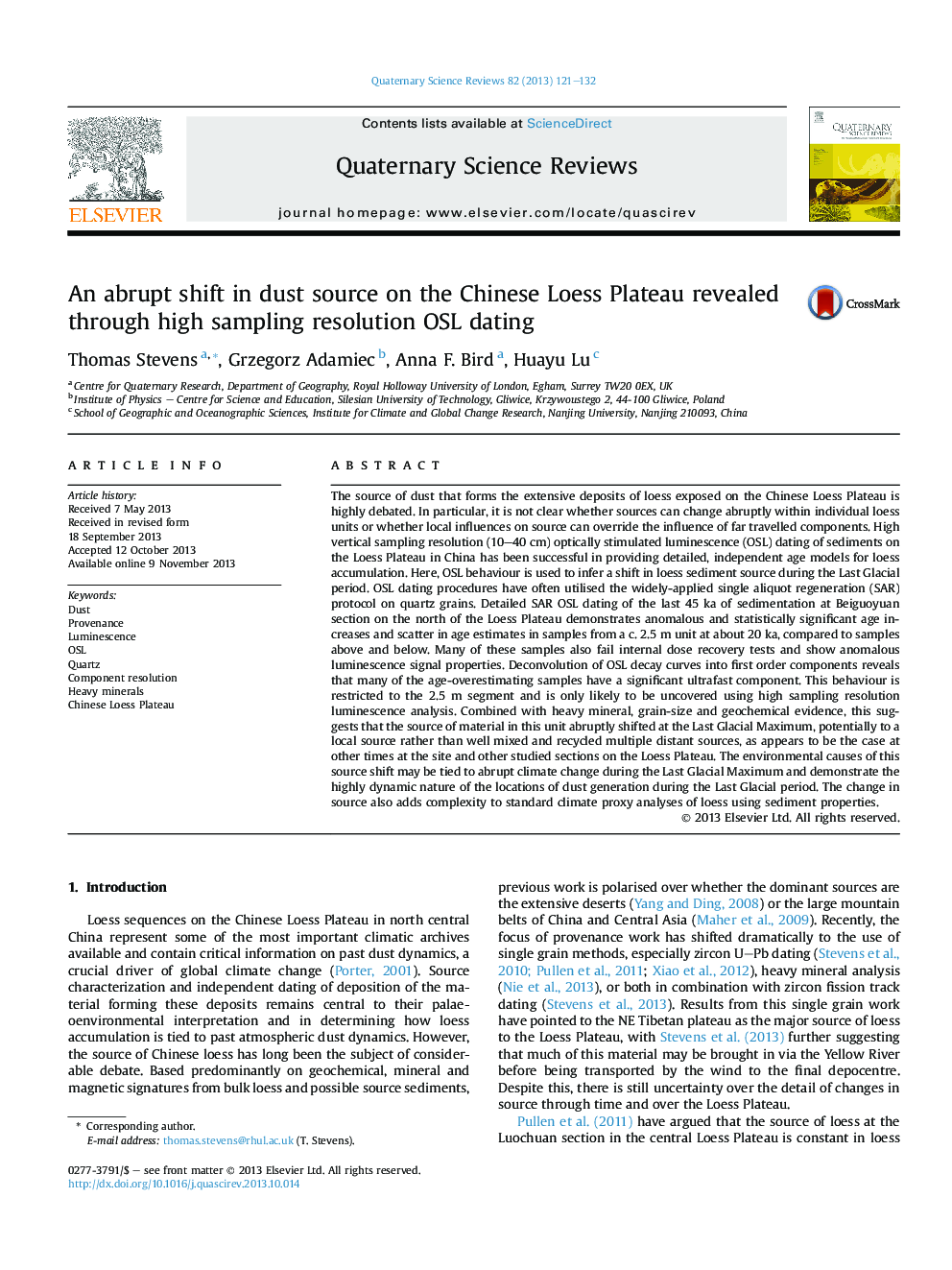 An abrupt shift in dust source on the Chinese Loess Plateau revealed through high sampling resolution OSL dating