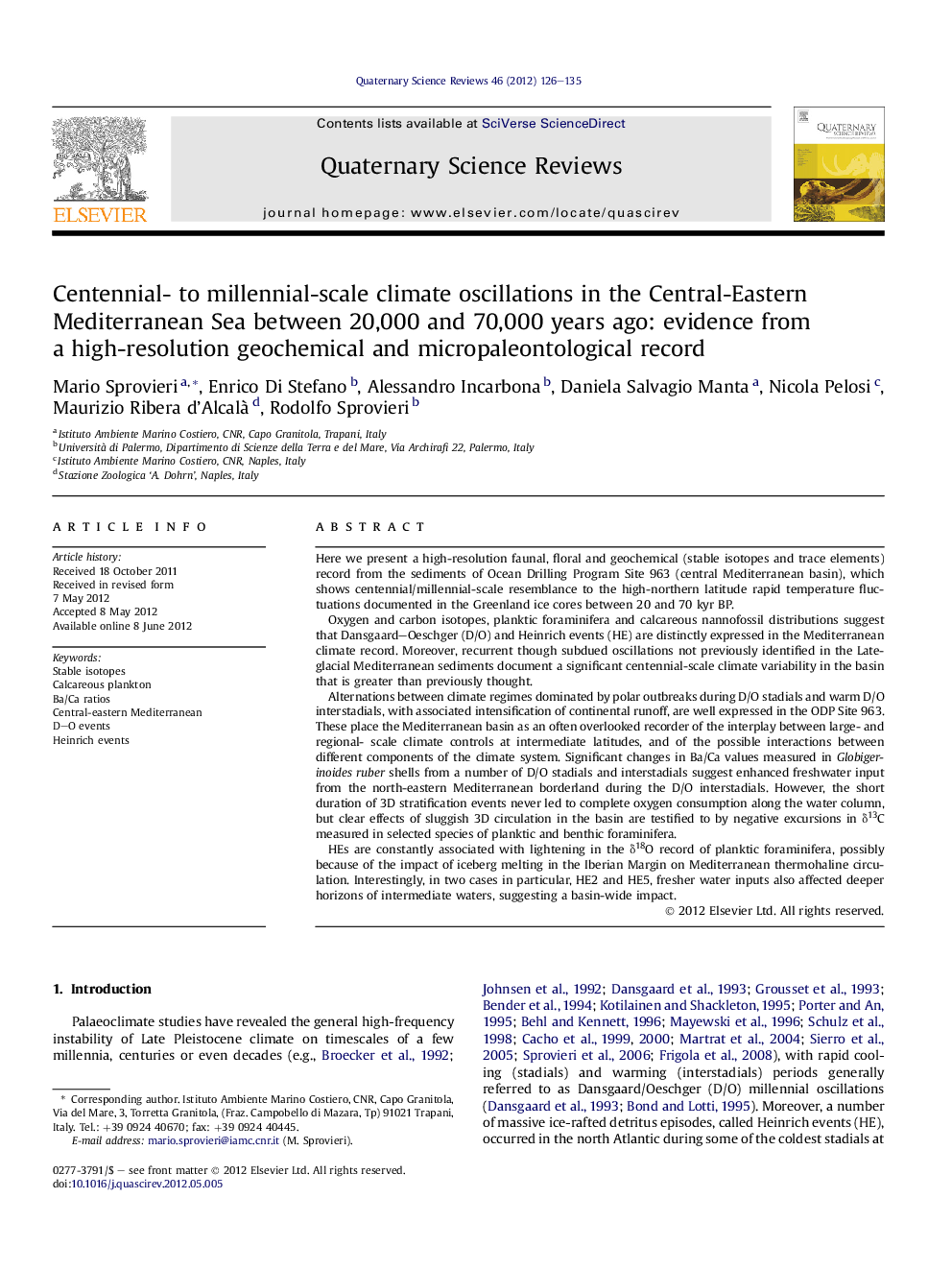 Centennial- to millennial-scale climate oscillations in the Central-Eastern Mediterranean Sea between 20,000 and 70,000 years ago: evidence from a high-resolution geochemical and micropaleontological record