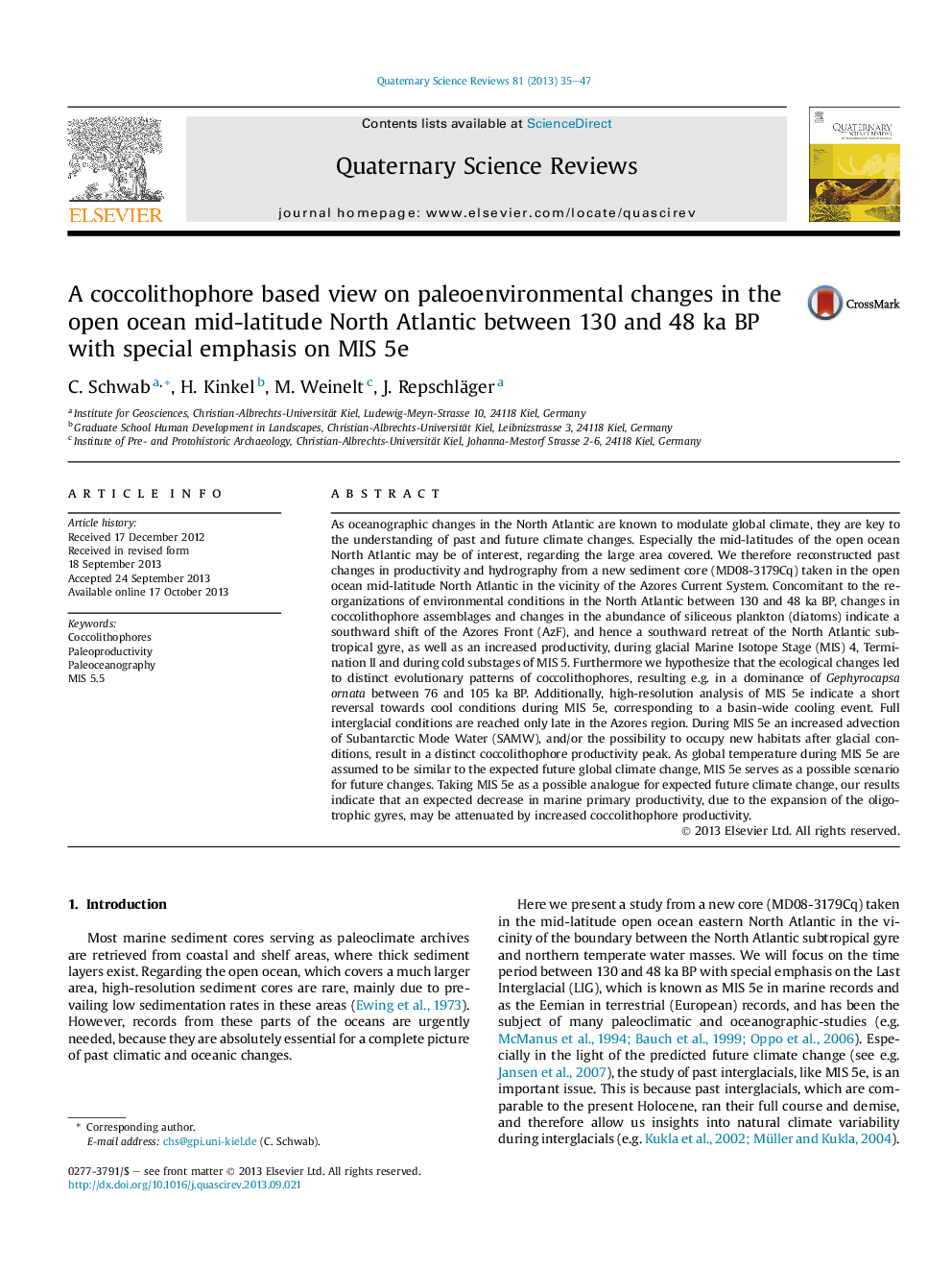 A coccolithophore based view on paleoenvironmental changes in the open ocean mid-latitude North Atlantic between 130 and 48 ka BP with special emphasis on MIS 5e