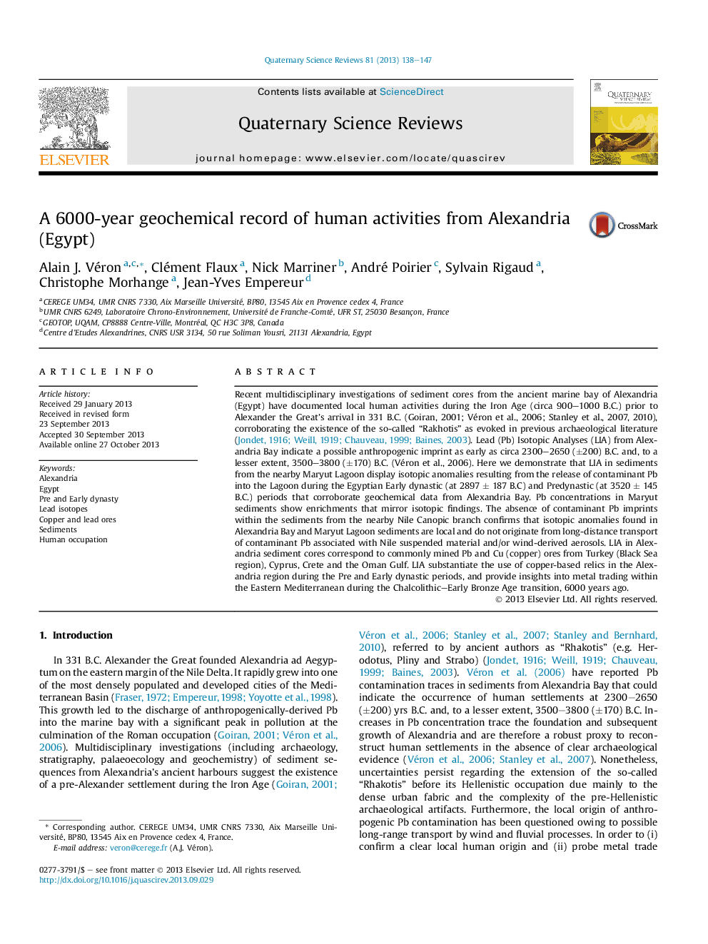 A 6000-year geochemical record of human activities from Alexandria (Egypt)