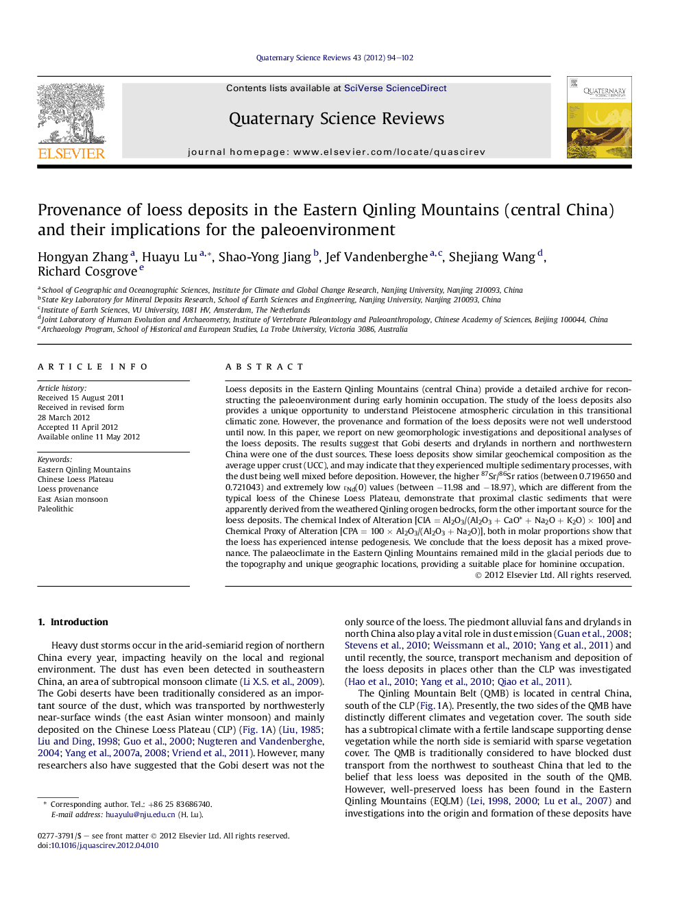 Provenance of loess deposits in the Eastern Qinling Mountains (central China) and their implications for the paleoenvironment