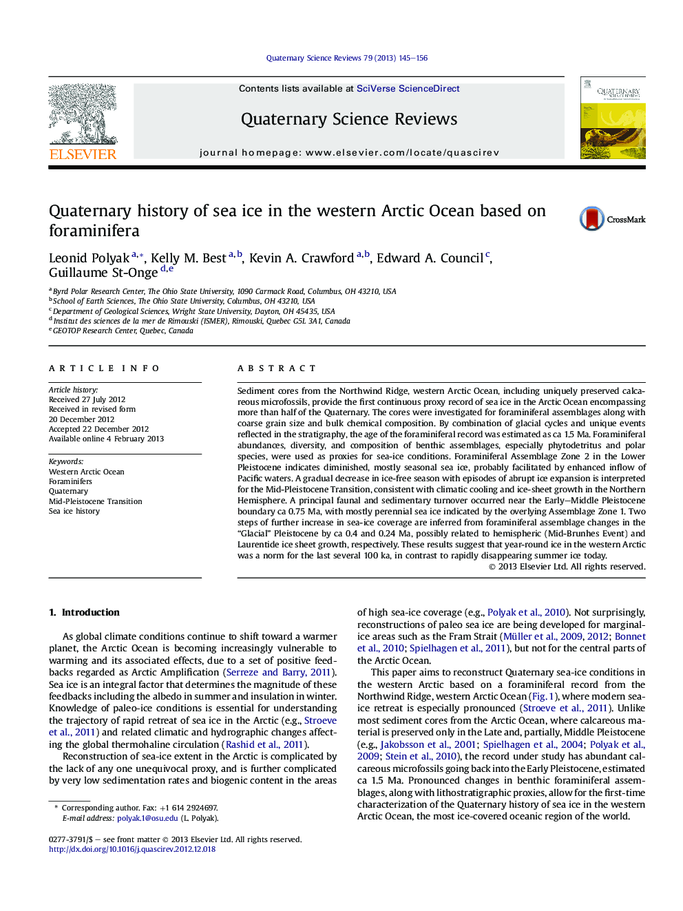 Quaternary history of sea ice in the western Arctic Ocean based on foraminifera