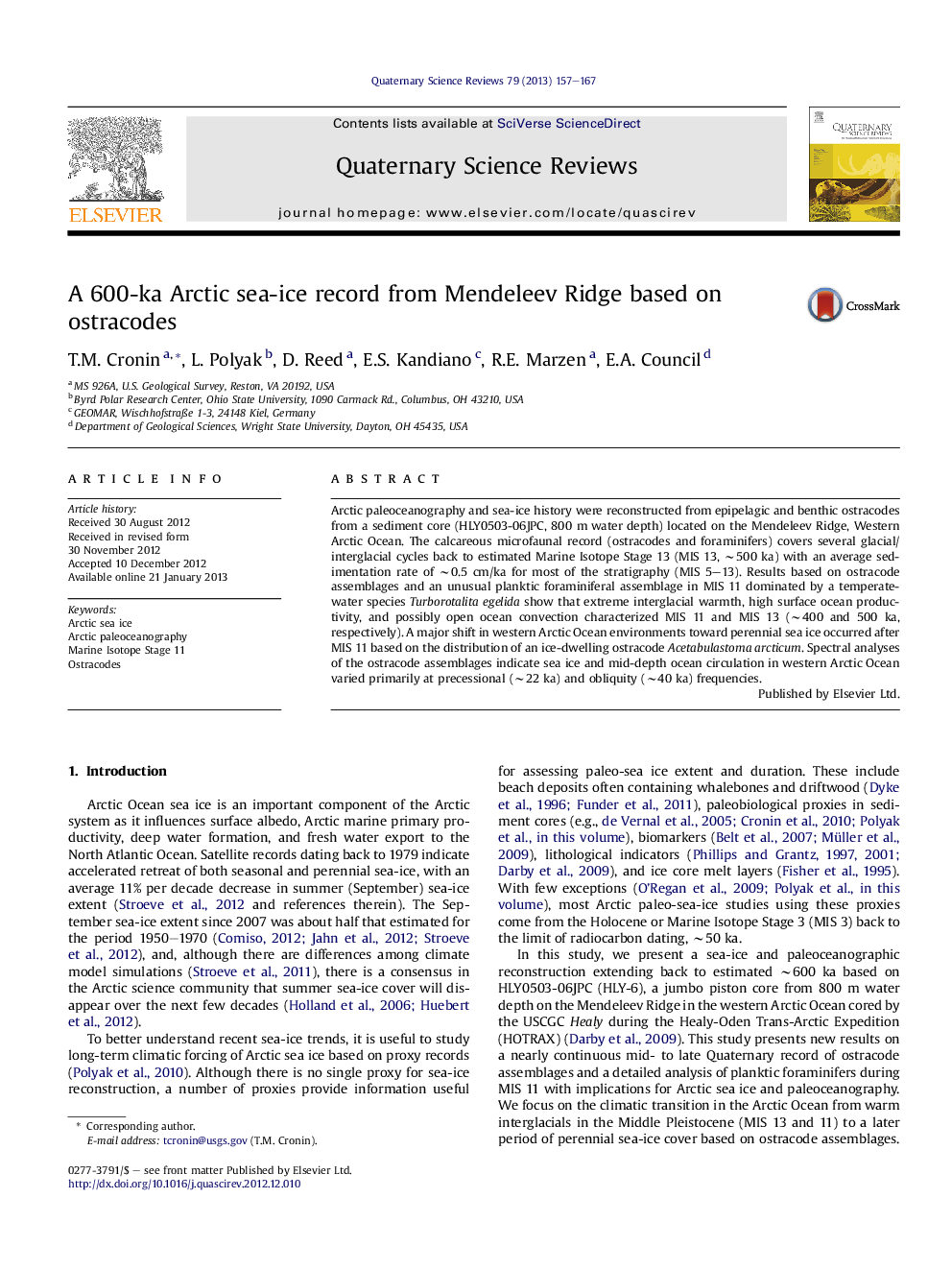 A 600-ka Arctic sea-ice record from Mendeleev Ridge based on ostracodes