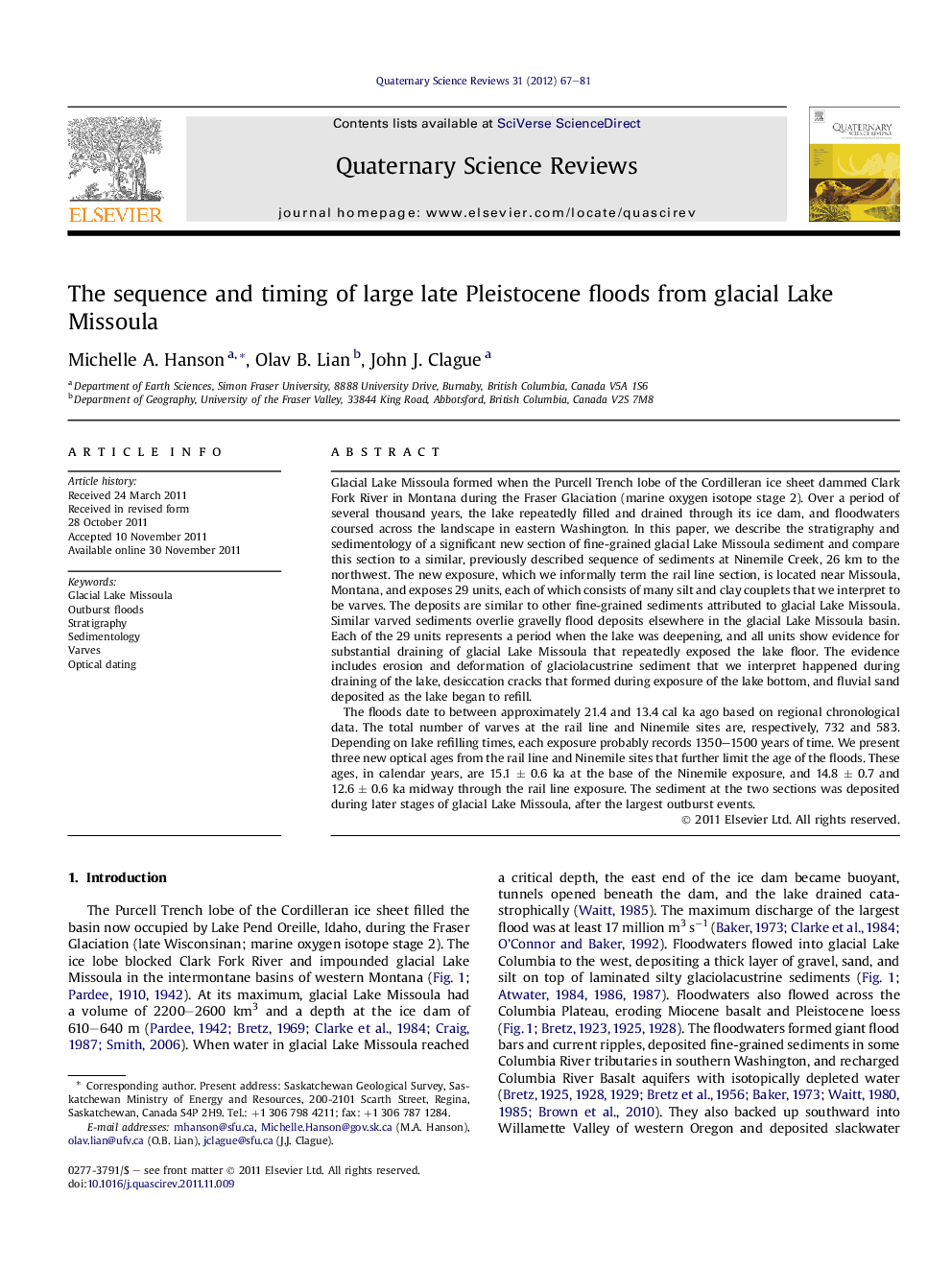 The sequence and timing of large late Pleistocene floods from glacial Lake Missoula