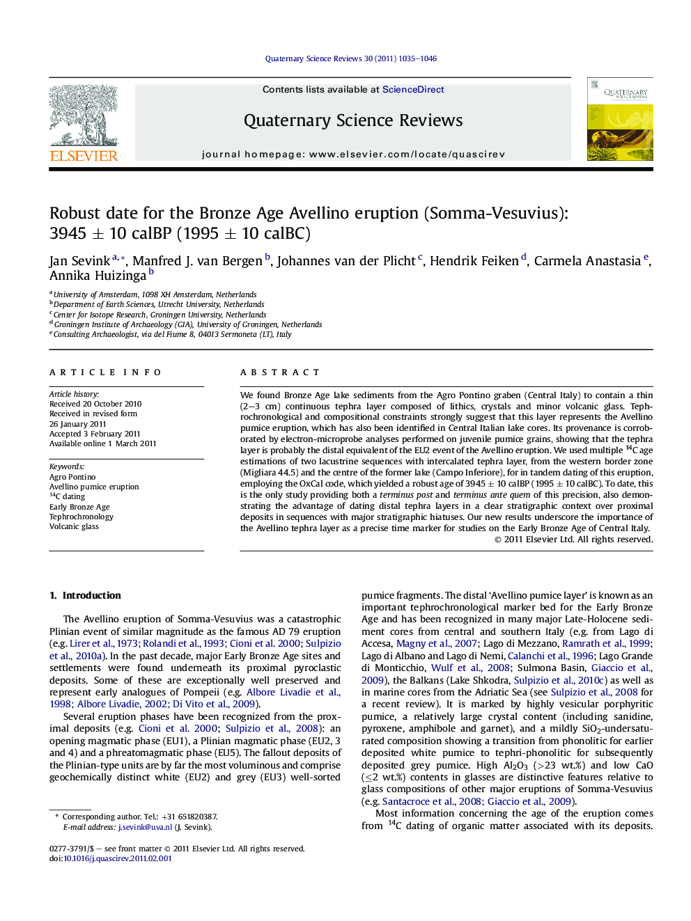 Robust date for the Bronze Age Avellino eruption (Somma-Vesuvius): 3945 ± 10 calBP (1995 ± 10 calBC)