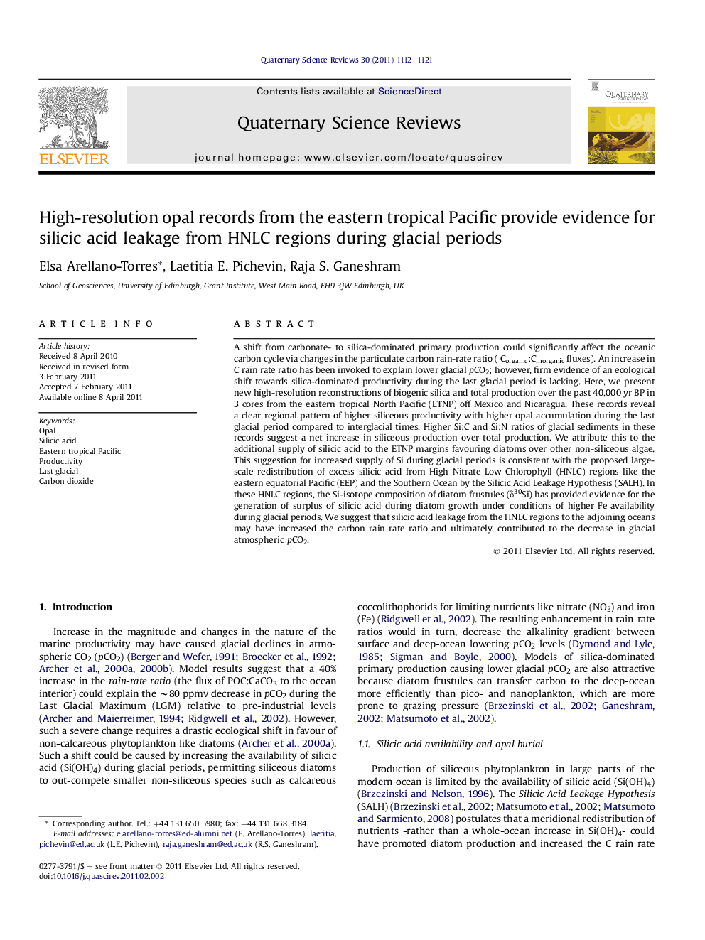 High-resolution opal records from the eastern tropical Pacific provide evidence for silicic acid leakage from HNLC regions during glacial periods