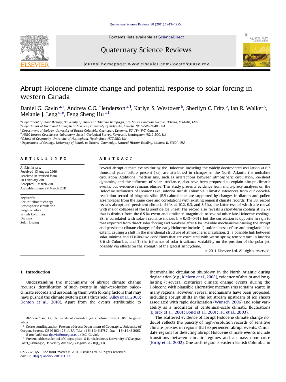 Abrupt Holocene climate change and potential response to solar forcing in western Canada