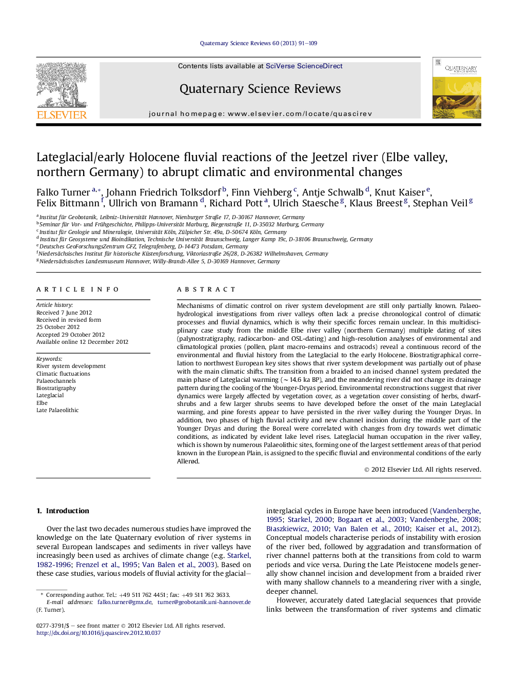 Lateglacial/early Holocene fluvial reactions of the Jeetzel river (Elbe valley, northern Germany) to abrupt climatic and environmental changes