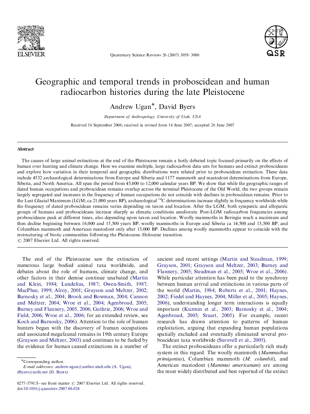 Geographic and temporal trends in proboscidean and human radiocarbon histories during the late Pleistocene