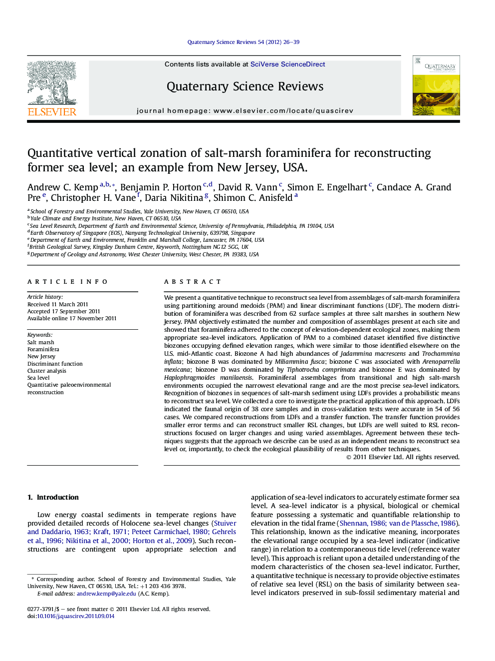 عکس صفحه اول مقاله: Quantitative vertical zonation of salt-marsh foraminifera for reconstructing former sea level; an example from New Jersey, USA. Quantitative vertical zonation of salt-marsh foraminifera for reconstructing former sea level; an example from New Jersey, USA.